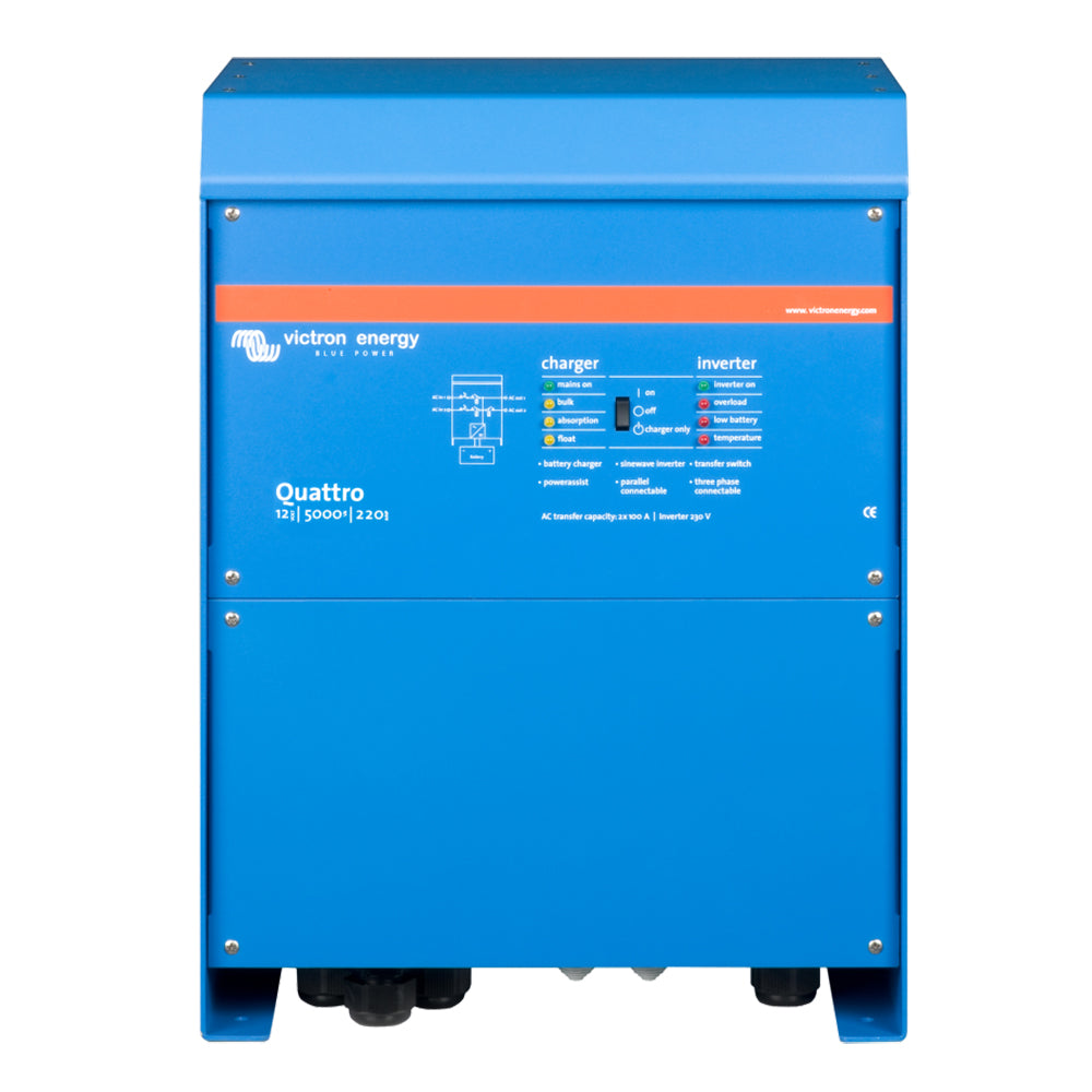 Victron Quattro Inverter/Charger 12 VDC - 5000W -Dual 100AMP 120VAC Inputs - Auto Transfer Switch - 200AMP Battery Charger - Stackable (QUA125021100)
