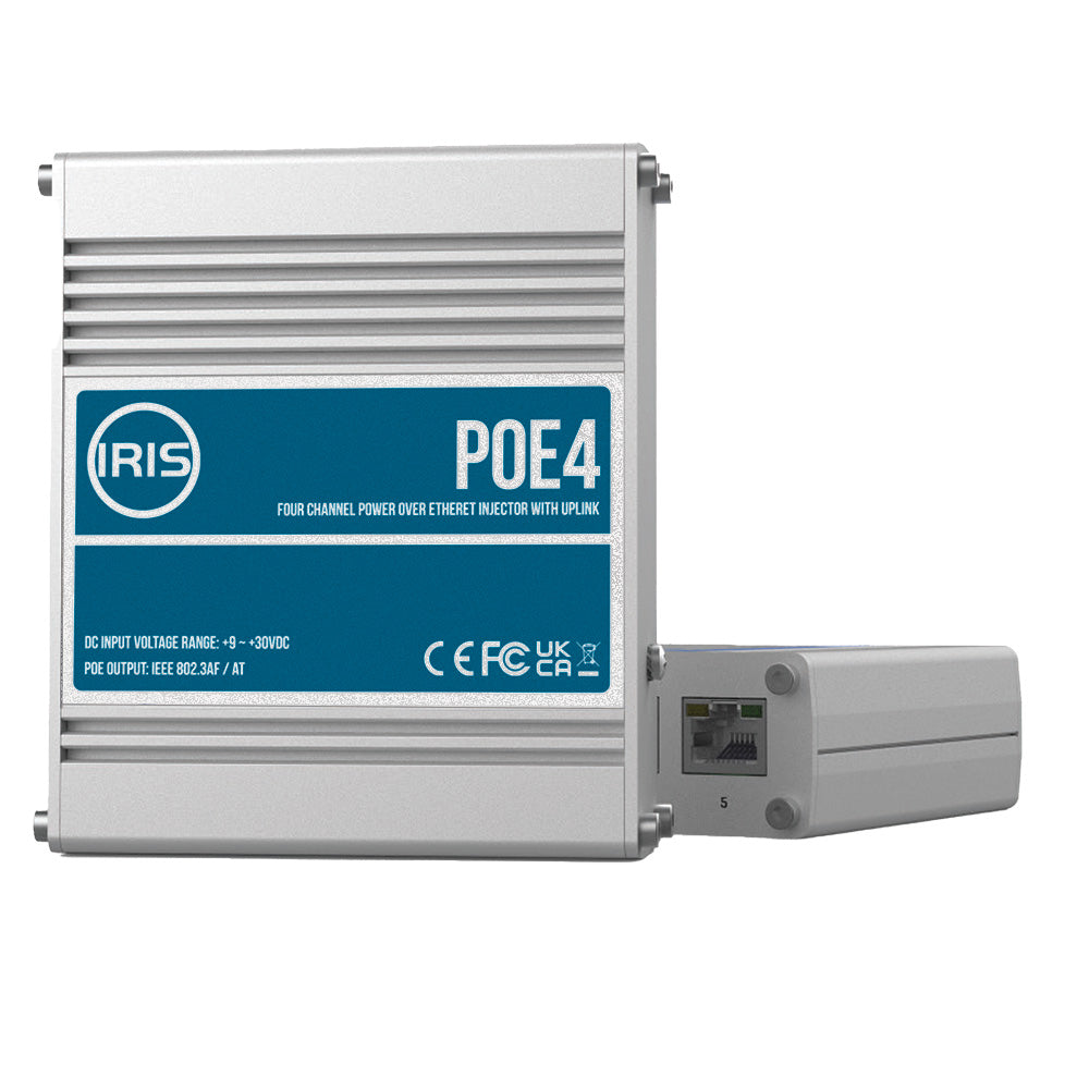 Iris Four Channel Uplink Power Over Ethernet Switch - IEEE802.3af and 3at Compliant - 9-30VDC Input - 48VDC Output