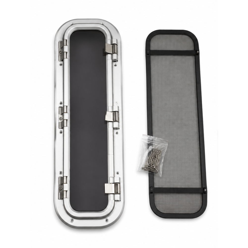Lewmar Atlantic Portlight Size 60 - Cut Out: 18 x 58 cm (7 1/16 x 22 13/16 in) - Smoke Acrylic / Silver Frame - Thick Valance