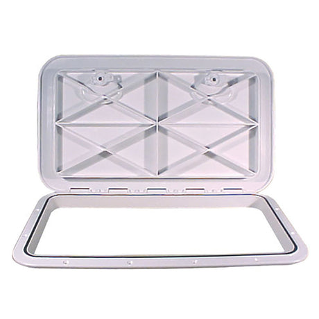 Beckson 14 inch by 24 inch white flush deck hatch, shown open