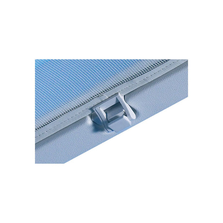 Lewmar Low Profile Hatch Size 30 flyscreen, close-up of the alloy frame corner and mesh