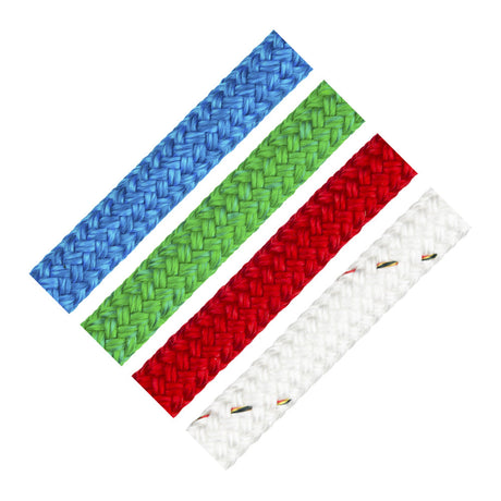Premium Ropes Cruiser XTS Grip Solid double-braid line in blue, green, red and white, showing solid-color cover construction