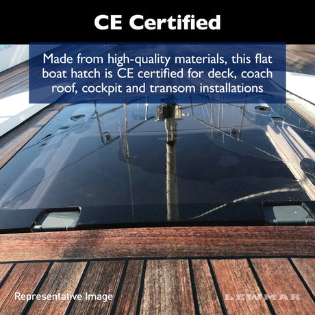 Lewmar Ocean Hatch flange base installed flush on a teak sailboat deck