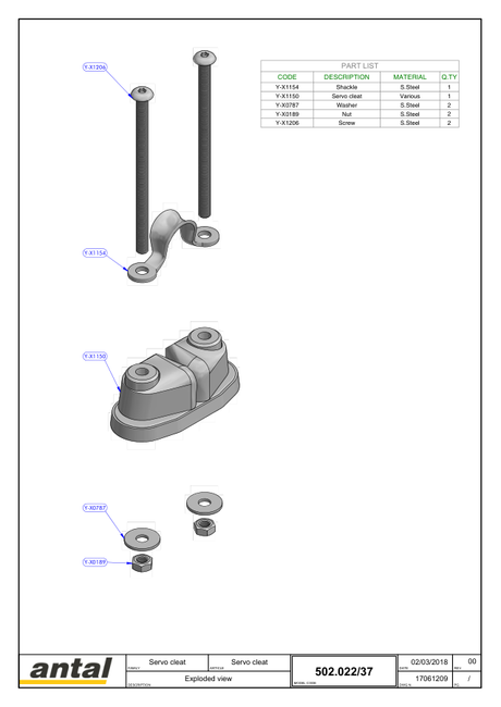 Antal Servo Cleat — Exploded View & Dimension Drawing