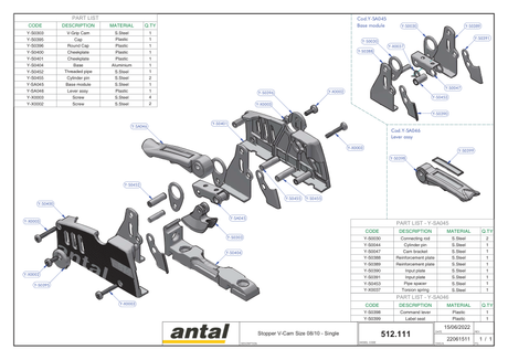 Antal 512.111 V-Cam Stopper — Exploded View, Drill Template & Dimension Drawing