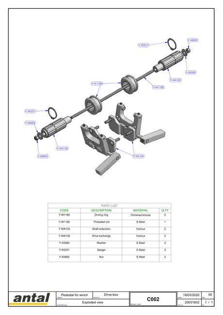 Antal Winch Pedestal Components — Exploded Views & Dimension Drawing