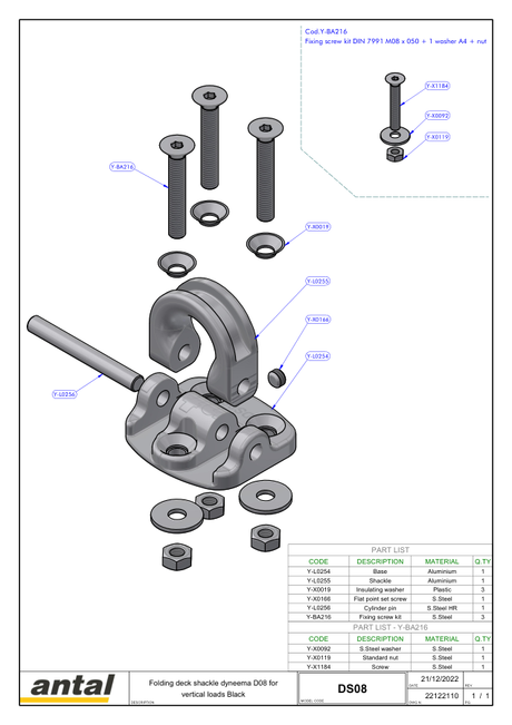 Antal DS08 Folding Deck Shackle — Exploded View & Dimension Drawing