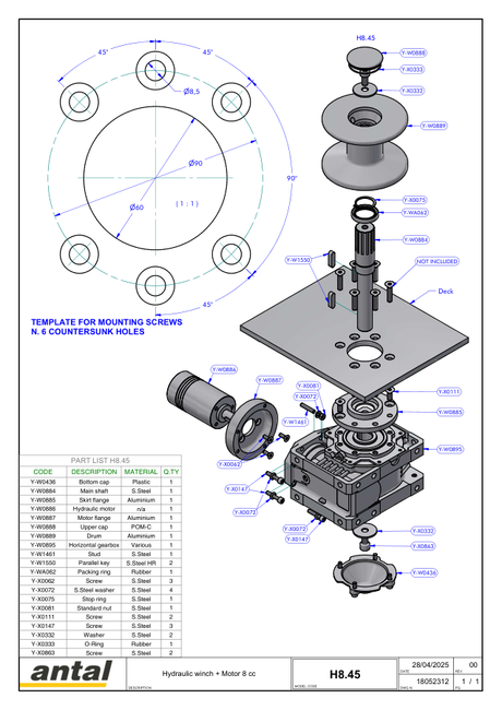 Antal H8.45 Hydraulic Winch — Exploded View & Dimension Drawing