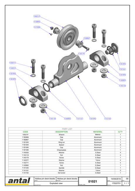 Antal Hollow Pin Deck Blocks — Exploded Views & Dimension Drawings