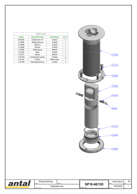 Antal SP10.48 Sliding Pad-Eye — Exploded View & Dimension Drawing
