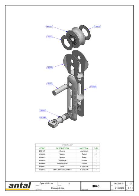 Antal Twin Halyard Blocks — Exploded View & Dimension Drawing