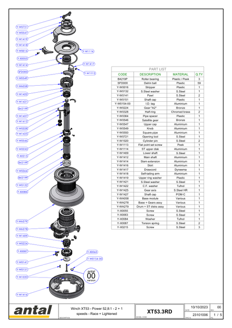 Antal XT53.3 RD Winch — Exploded View & Dimension Drawing