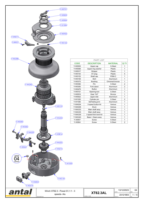Antal XT62 Winches — Exploded Views, Drill Templates & Dimension Drawing (Part 2 of 3)