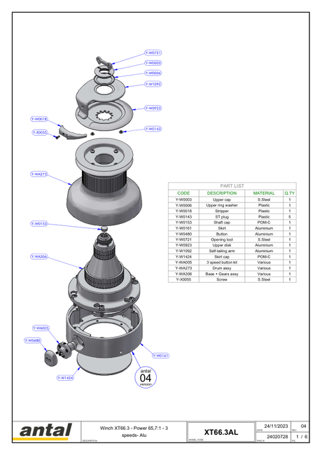 Antal XT66 Winches — Exploded Views, Drill Templates & Dimension Drawing