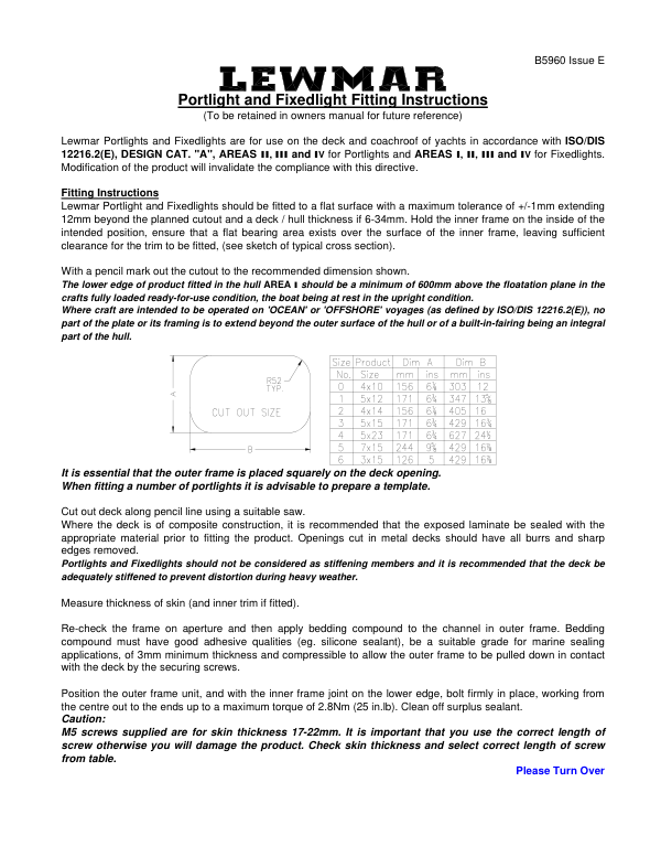 Lewmar Standard Portlight & Fixedlight (PDF) – Page 6 – MAURIPRO Sailing