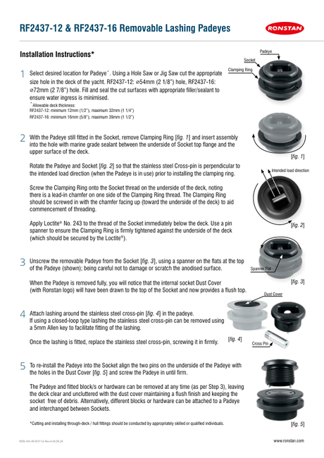Ronstan RF2437-12 & RF2437-16 Removable Lashing Padeyes — Installation Instructions