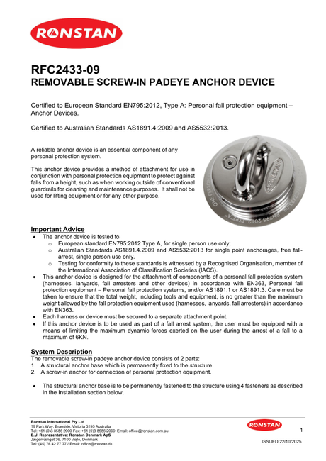 Ronstan RFC2433-09 Removable Screw-In Padeye Anchor Device — User Instructions