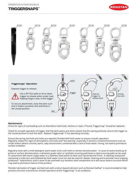 Ronstan Triggersnap Snap Shackles — Operation & Maintenance