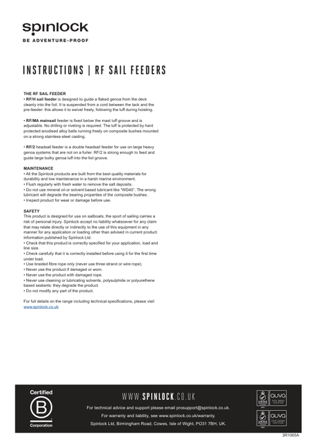 Spinlock RF Sail Feeders — Instructions
