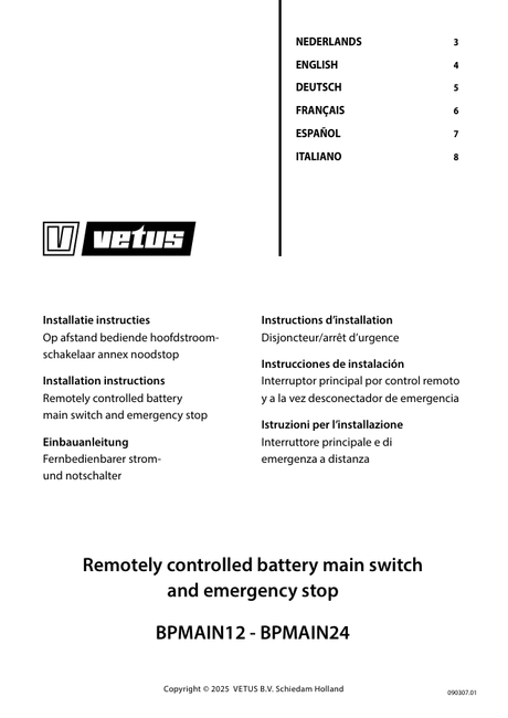 Vetus Remotely Operated Main Switch / Emergency Stop BPMAIN12, BPMAIN24 — Installation Instructions