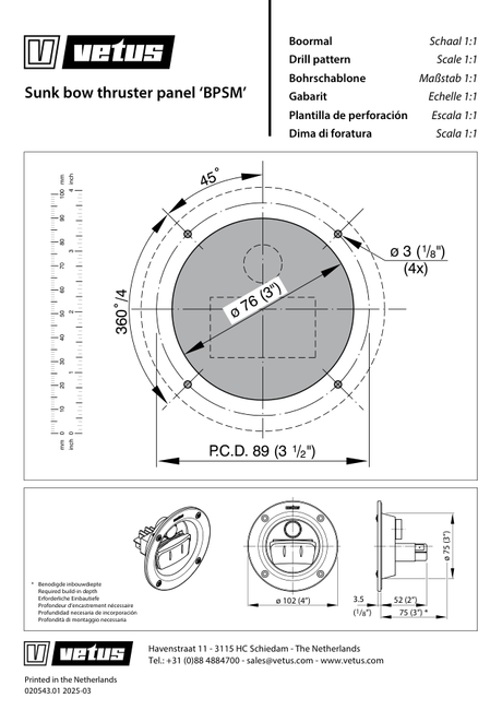 Vetus Sunk Bow Thruster Panel ‘BPSM’ — Drill Template