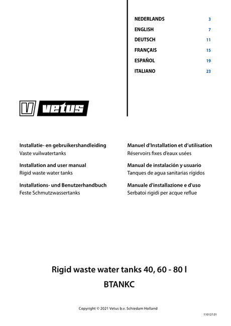 Vetus Rigid Waste Water Tanks BTANKC, BTANK25C — Installation & User Manual