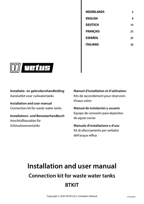 Vetus Connection Kit for Waste Water Tanks BTKIT — Installation & User Manual