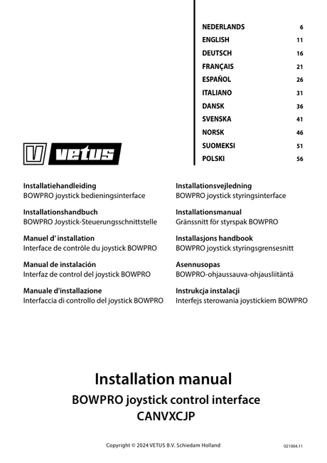Vetus BOWPRO Joystick Control Interface CANVXCJP — Installation Manual