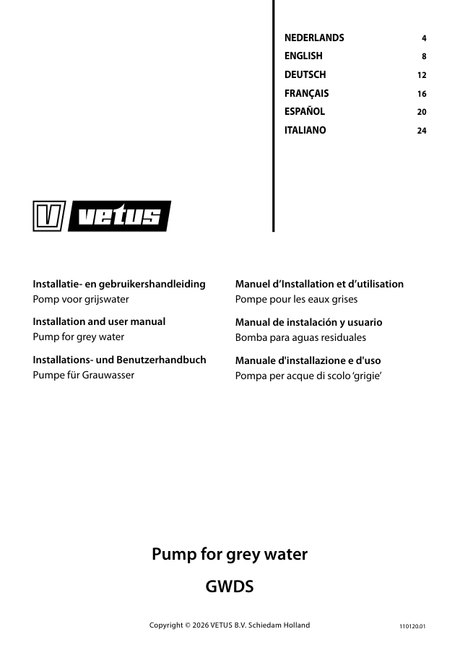 Vetus Pump for Grey Water GWDS — Installation & User Manual