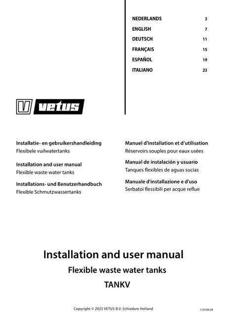 Vetus Flexible Waste Water Tanks TANKV — Installation & User Manual