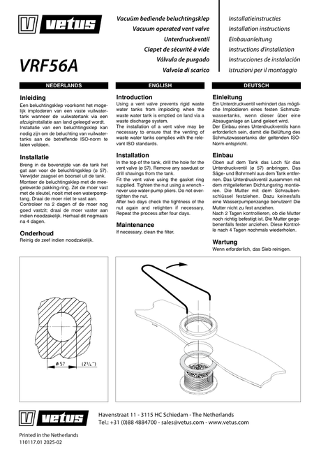 Vetus Vacuum Operated Vent Valve VRF56A — Installation Manual