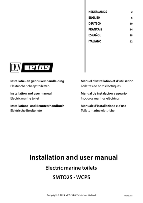 Vetus Electric Marine Toilets WCPS, SMTO2S — Installation & User Manual