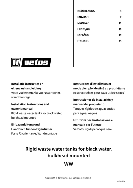 Vetus Rigid Waste Water Tanks for Black Water, Bulkhead Mounted WW — Installation & User Manual