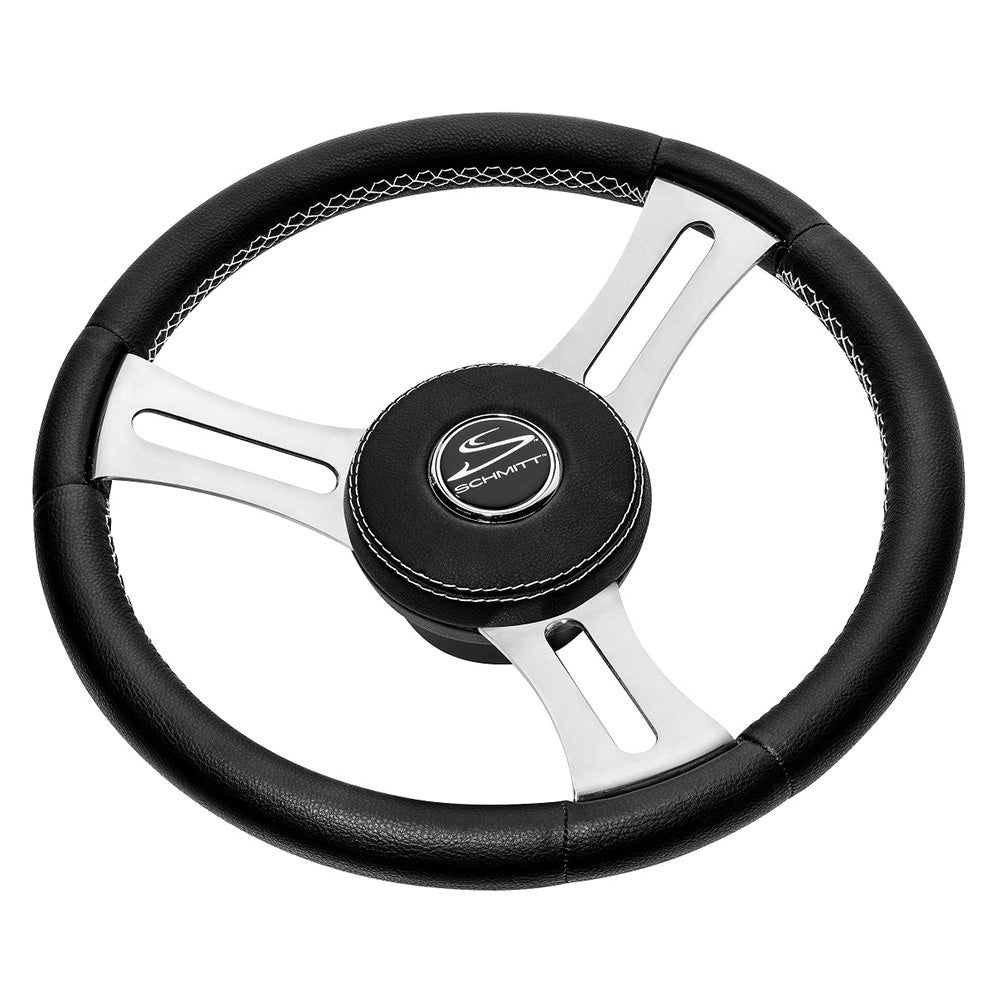 Schmitt Marine Torcello Elite 14" Wheel - Black Leather and Cap - White Stitching - Polished SS Spokes - 3/4" Tapered Shaft