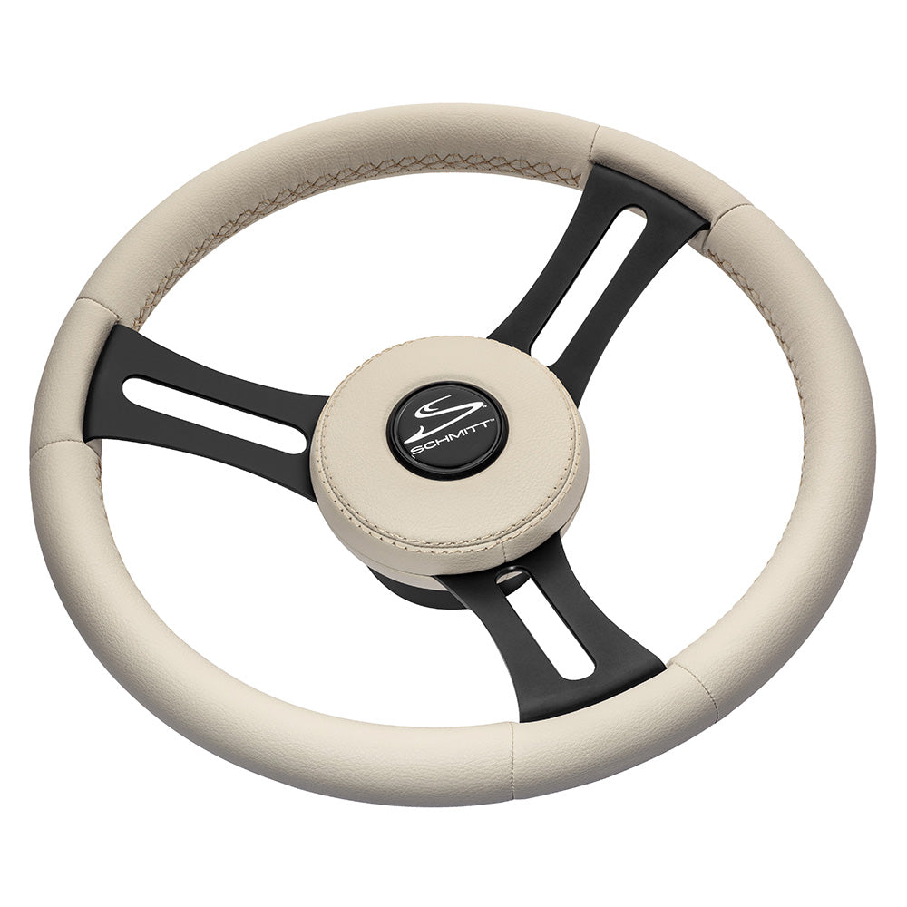 Schmitt Marine Torcello Elite 14" Wheel - Beige Leather and Cap - White Stitching - Black SS Spokes - 3/4" Tapered Shaft