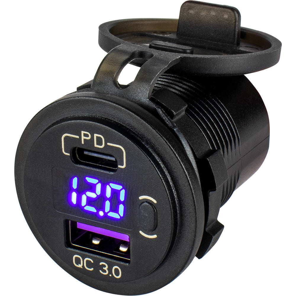 Sea-Dog Round USB and USB-C Power Socket w/Hidden Voltmeter