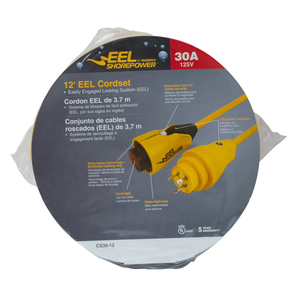 Marinco CS30-12 EEL 30A 125V Shore Power Cordset - 12' - Yellow