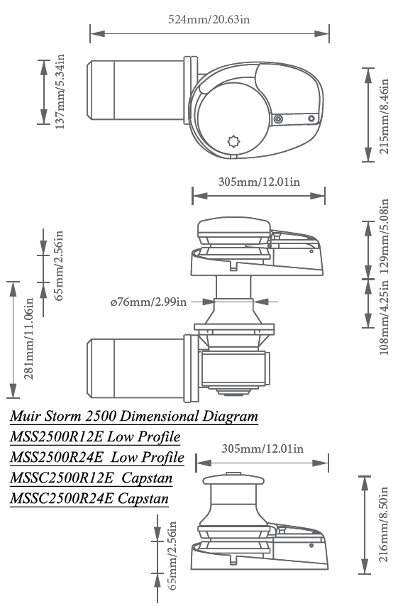 Muir Windlass - Storm SS2500, 24V, Capstan, 1/2"HT Gypsy, 1500W (M2500C24-1/2H)