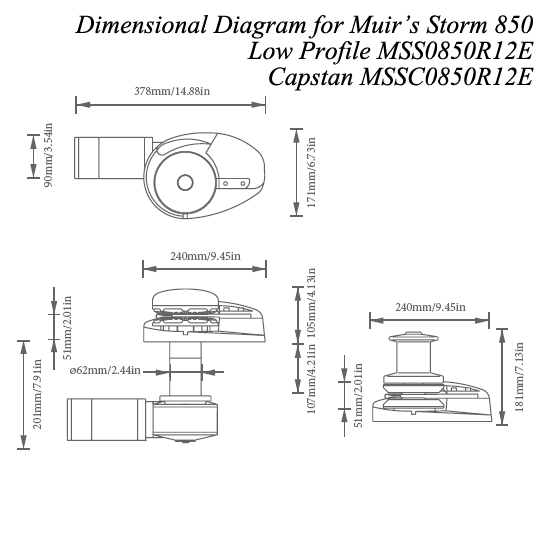 Muir Windlass - Storm SSC850, Capstan, 5/16"HT Gypsy, 12V, 800W (M850C12-5/16H)