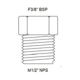 Scandvik 10015 adapter dimensions: 3/8 in BSP female to 1/2 in NPS male